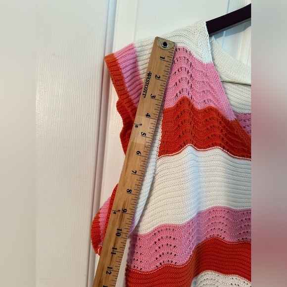 THML Anthropologie M Knit Cotton Sweater Wavy Stripe V Neck Flutter Sleeves Pink - Picture 10 of 12